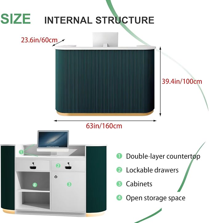 Small Reception Desk with Drawer and Cabinet Front Desk Receptionist Counter No Assembly Required Reception Room Tables Checkout Counter for Shop Retail Office Salon Lobby Green 63inch/160cm