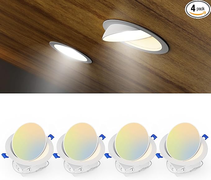 Ensenior 4 Pack 6 inch 5CCT LED Eyeball Recessed Lighting, 360°+90° Rotatable, Dimmable Gimbal Recessed Lights, Canless Angled Adjustable Ceiling Downlight, 1300LM, 12W=115W, 120V - ETL&FCC