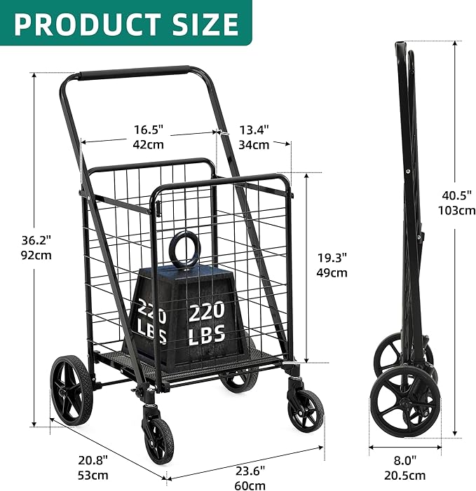 YITAHOME Folding Shopping Cart with Wheels, Large Rolling Grocery Cart, Reinforced Mesh Bottom, Foldable Utility Cart for Groceries, Laundry & Storage (Portable, Collapsible, Sturdy)