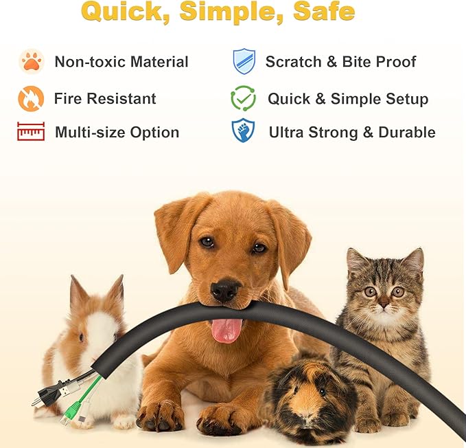 Cord Protectors from Pets no Chew, 1/2Inch 10ft Wire Protectors for Pets, Cord Covers for Pets, Dog and Cat Cord Protector Cable Sleeves Cable Management Black