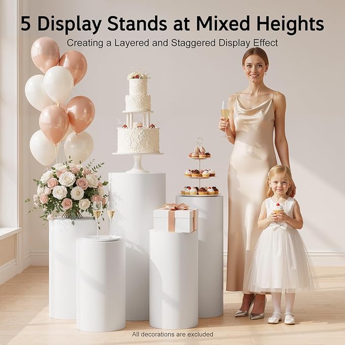 5 Pcs Metal Pleated Cylinder Pedestal Stands for Party, Cylindrical Dessert Display Stands, for Wedding Birthday Party 20'', 21.5'', 23.5'', 29.5'', 35.5'' H