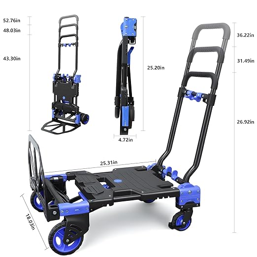 2 in 1 Folding Hand Truck,330lbs Capacity Heavy Duty Hand Truck,with Telescoping Handle and Rubber Wheels,Portable Dolly Cart with Bungee Cords for Moving,Travel,Shopping