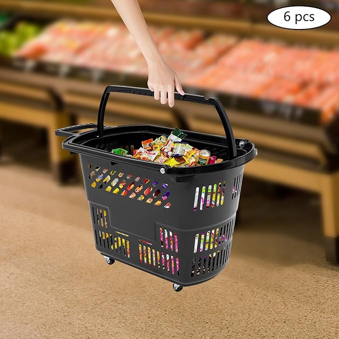 6PCS 35L Rolling Shopping Baskets with Wheels Portable Grocery Basket Set with Handles Plastic Shopping Cart for Supermarkets, Retail Stores, Bookstores (Black)
