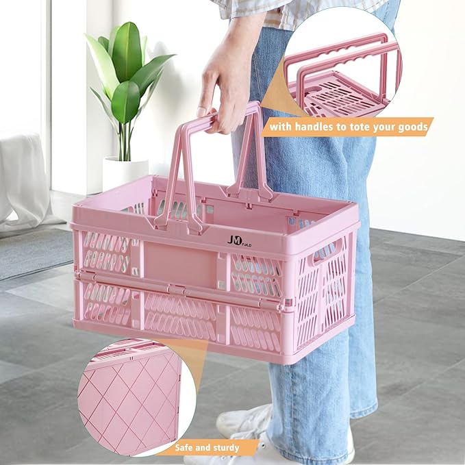 20 Liter Folding Storage Basket, Collapsible Plastic Folding Box, Storage Crates for Home, Office, Garage (Pink)