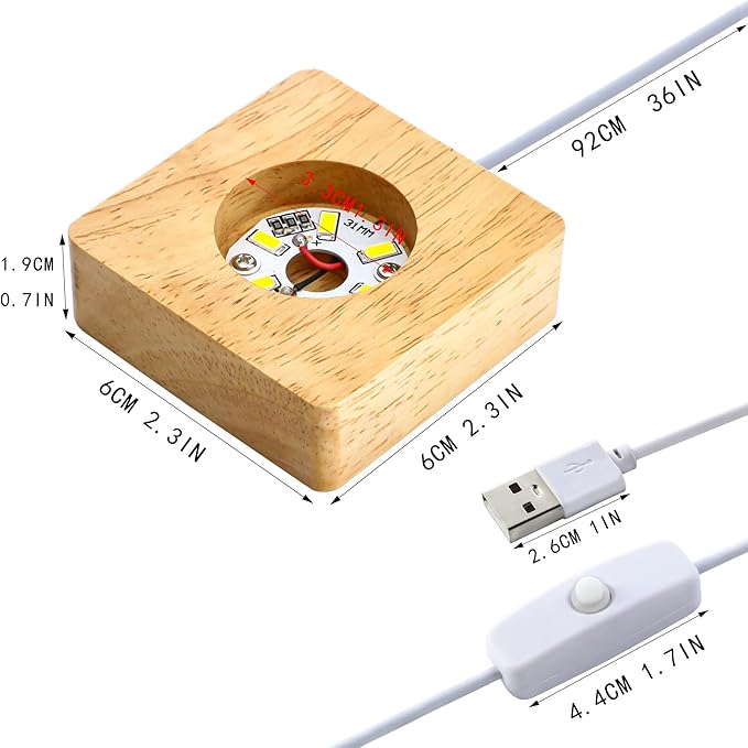ZEERSHEE Pack 2 Wooden LED Light Display Base 2.3in Crystal Glass Light Base Stand Wood LED Display Stand for 3D Crystal Laser Glass Resin Art Warm Light Square USB Only