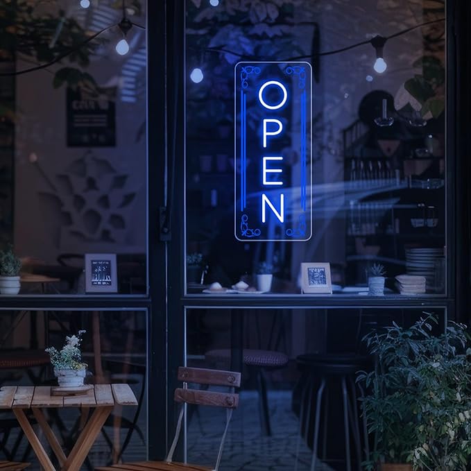 Vertical LED Open Sign - UV printing Pattern, LED Open Signs for business – USB Powered Neon Wall Light, Neon Sign for Shop, Window, or Business Use (7x16.5'', Blue)
