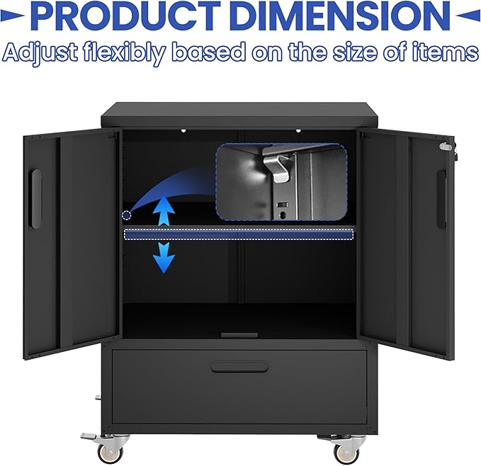 Metal Tool Storage Cabinet with Wheels,Black Heavy Duty Mobile Rolling Tool Cabinets for Garage,Metal Storage Cabinets with 2 Locking Doors and 1 Drawer,Assembly Required
