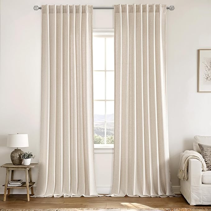 MIULEE Non-See-Through Privacy Linen Curtains 2 Panels, Light Filtering Window Curtains Farn House Textured Back Tab Semi Sheer Drapes for Bedroom Living Room, 52 x 96 Inches Long, Birch
