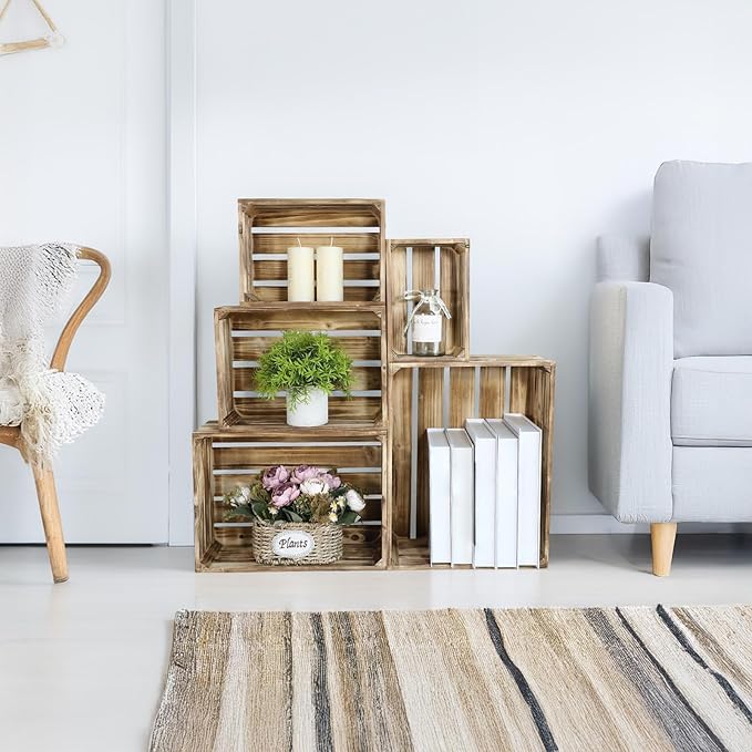 Set of 5 Large Wooden Crates, Nesting Storage Crate with Handles, Rustic Torched Brown Farmhouse Wooden Crates for Display, Wedding Birthday Home Party Living Room Kitchen Decoration