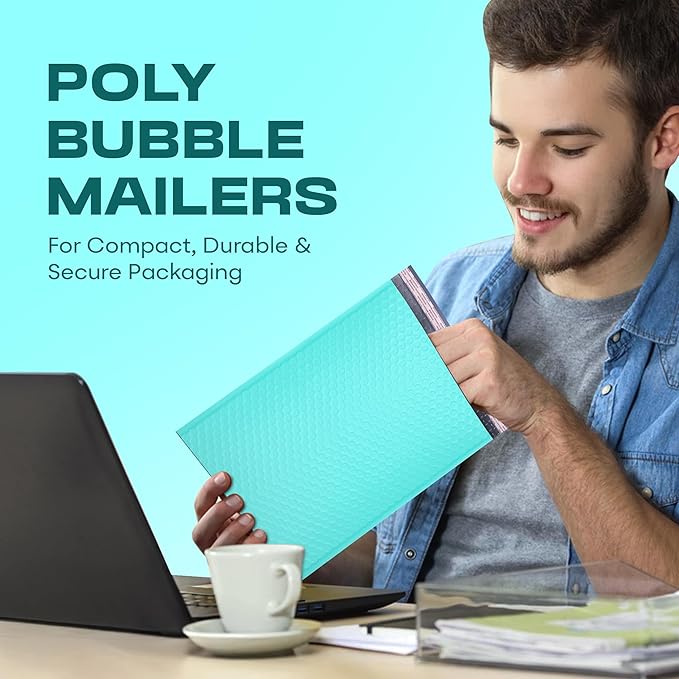 Teal 10x13 Inch Poly Bubble Mailers |Self Seal Padded Envelopes for Thick books | Air Cushioned Bubble Mailer | Usable Size 9.5x13 Inch | Waterproof Lightweight Mailing Shipping Bags | 200 Pack Bulk