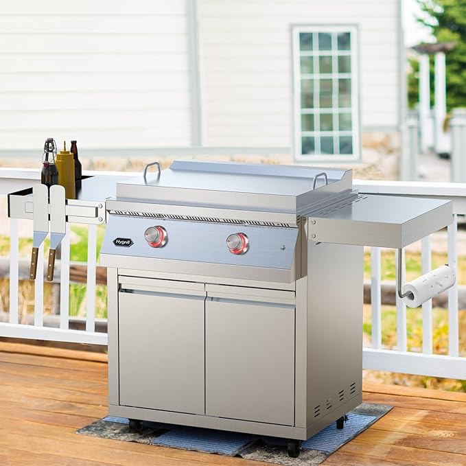 Stainless Steel Grill Cart for Hygrill 2-Burner Built-In Griddle, Outdoor Kitchen Island with Foldable Side Shelves and Storage Cabinet