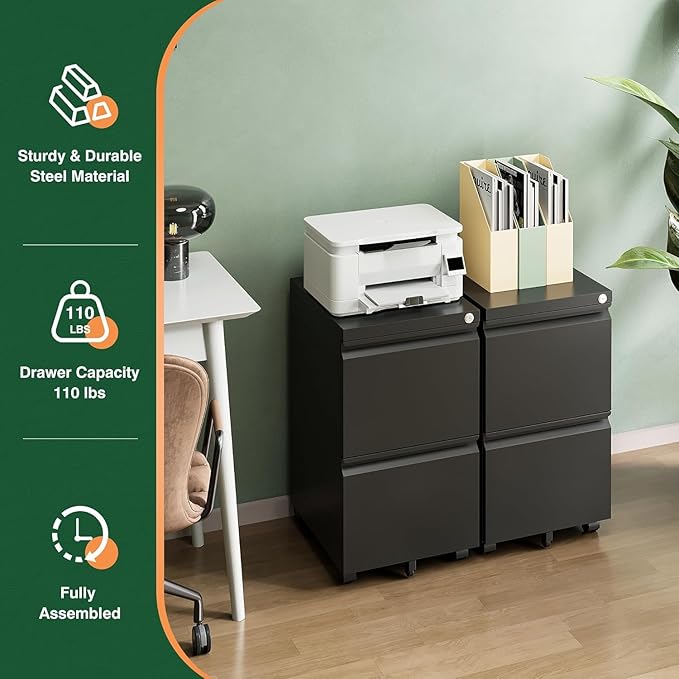 Letaya Mobile File Cabinet with Lock,2 Drawer Under Desk Metal Rolling Filing Cabinets for Home Office Organizer Letters/Legal/A4(Fully Assembled-Black)