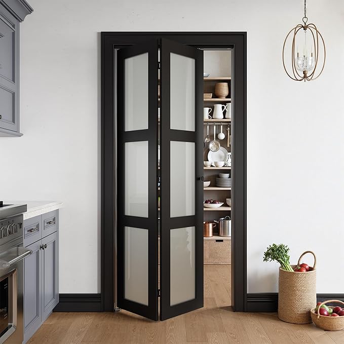Bifold Doors for 36" x 80" Opening, 3-lite Tempered Frosted Glass Closet Folding Doors with Hardware kit Included, Easy Assembly, Black