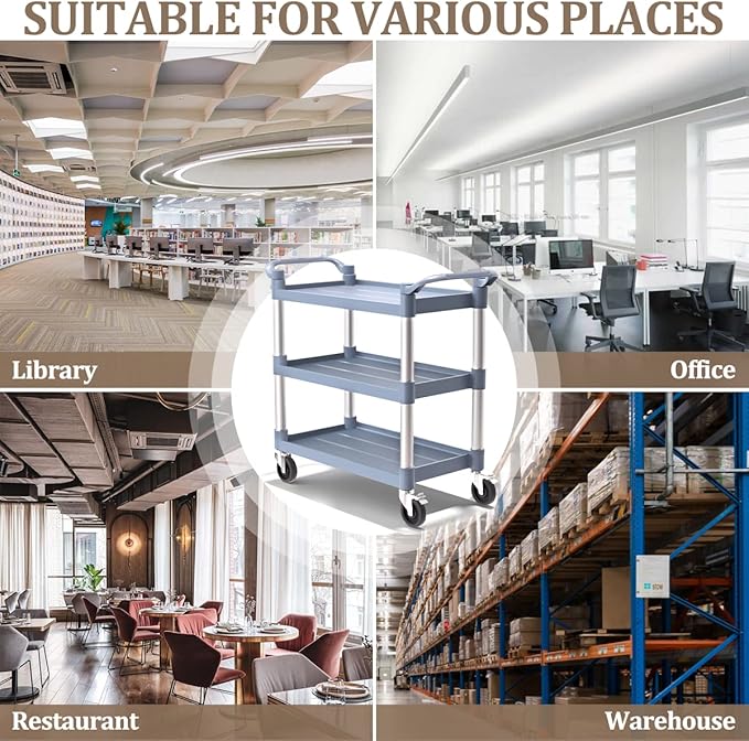 Plastic Utility Carts with Wheels, 3-Tier Large Size Restaurant Food Cart, Heavy Duty 600lbs Capacity Rolling Service Cart w/Hammer for Commercial, Kitchen, Office (Lockable Wheels, L-Grey)