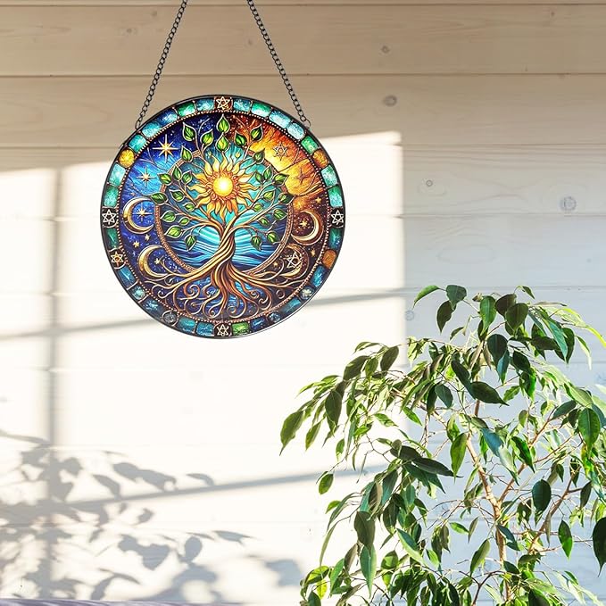 Tree of Life Stained Glass Window Hanging,7.87 Inch Sun Catcher Indoor Window Decorations Panel,Decor for Home,Garden,Festival,Mother’s Day,Housewarming Gift for Mom