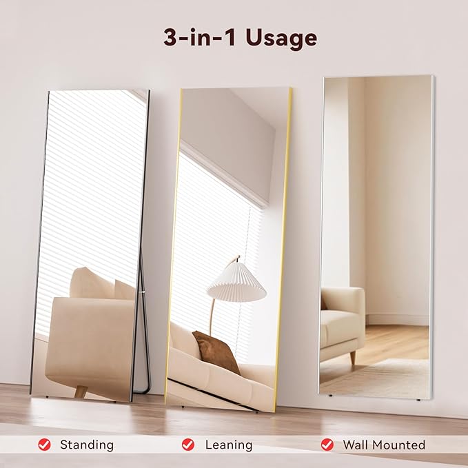 71"x26" Full Length Mirror with Stand, Lightweight & Easy to Move, Free-Standing Mirror for Dressing Room Bedroom, 3-in-1 Usage, Shatterproof Glassless Floor Mirror Kid & Pet Friendly (White)