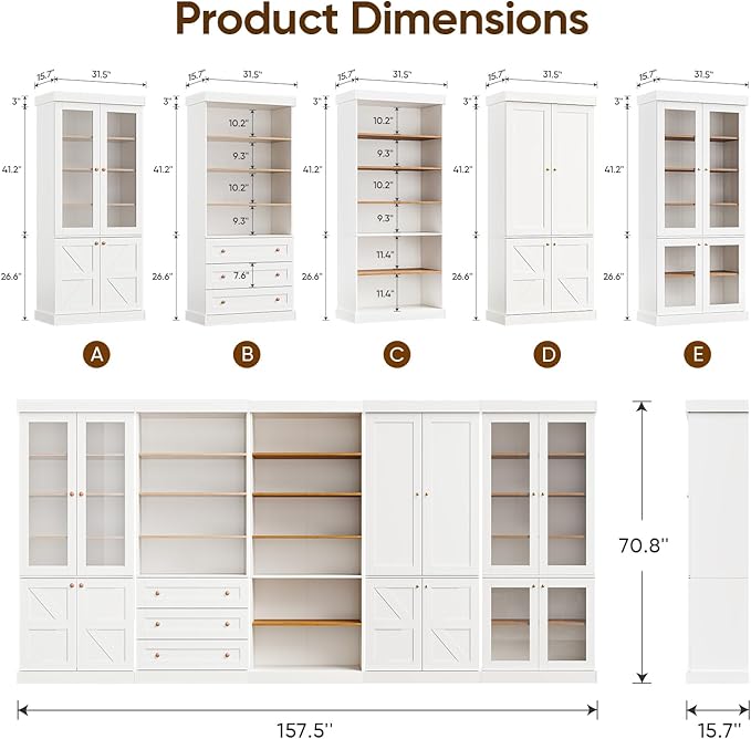 70.8" Tall Farmhouse Kitchen Pantry Cabinet with Doors, Modular Storage Cabinet with 4-Tier Adjustable Shelves, White, Wooden Hutch for Kitchen, Living Room, Set of 4