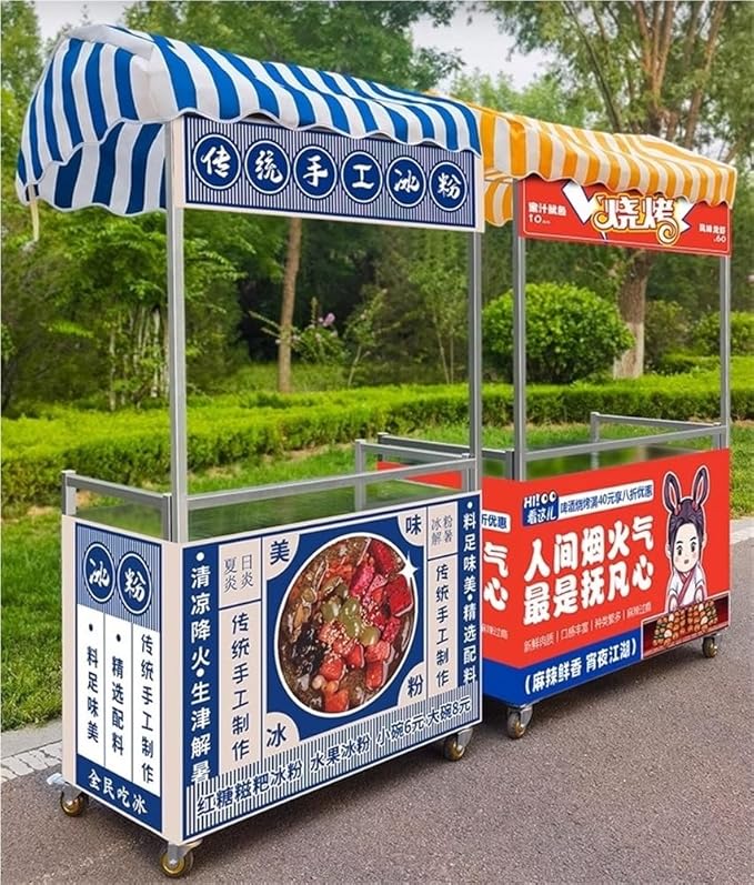 Outdoor Food Cart with Canopy, Portable Street Vendor Stand, Foldable Commercial Vending Trolley Kiosk for Market, Street Food and Events(Yellow,39.4x19.7in)