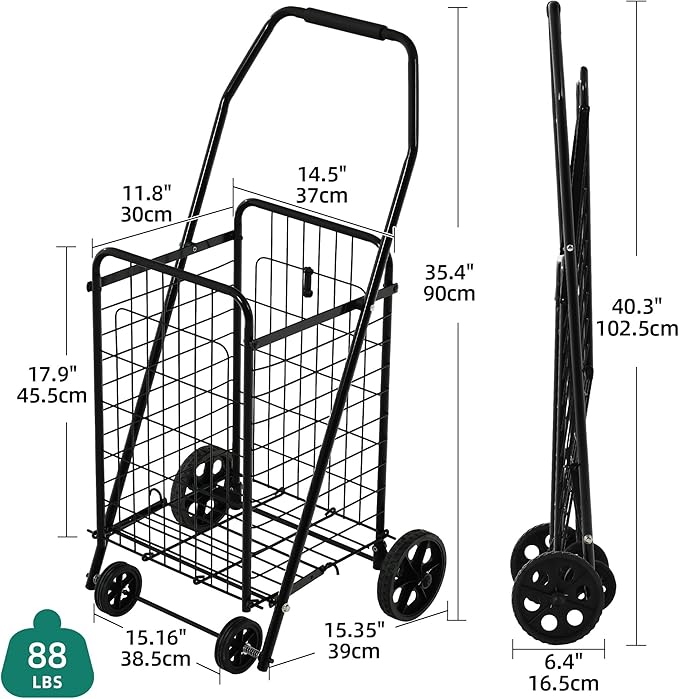 YITAHOME Folding Shopping Cart with Wheels, Rolling Foldable Grocery Cart for Seniors, Portable Collapsible Utility Cart for Shopping Groceries Laundry Storage Organizer