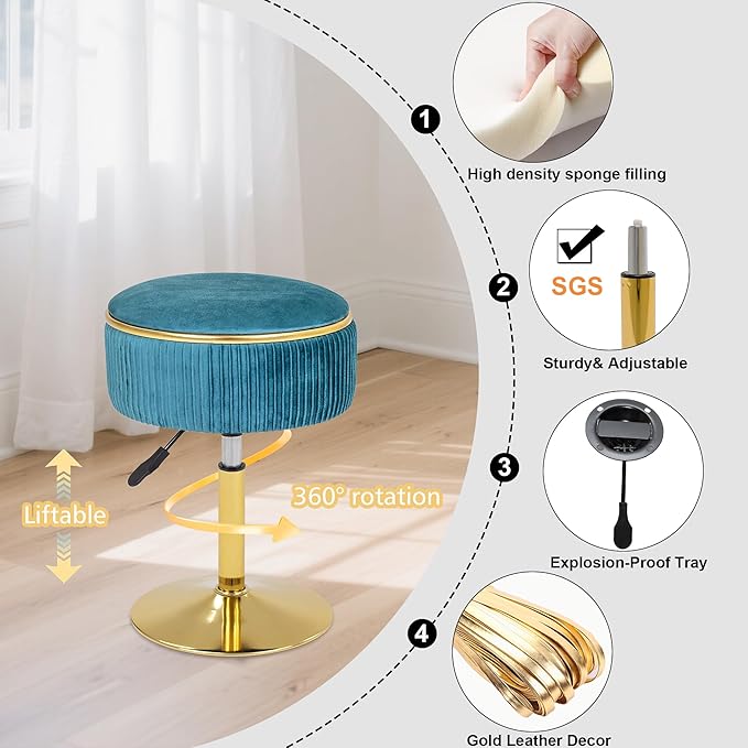 Adjustable Vanity Stool with Storage, 360° Swivel Makeup Stool Chair Small Velvet Round Ottoman with Gold Base for Bedroom (Blue)