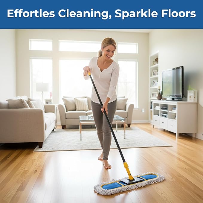 24" Dust for Floor Cleaning, Large Areas Floor Duster with 2 Cotton Reusable Pads, Wet Dry Mop for Hardwood Floors, Marble, Laminate, Tile, Concrete, Garage
