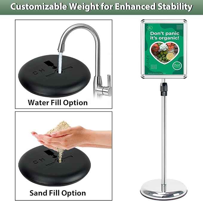 11x17 inches Poster Stand Holder Adjustable Floor Standing Sign Holder Vertical and Horizontal View Sign Display, Aluminum Snap Frame with Safety Corner, Silver