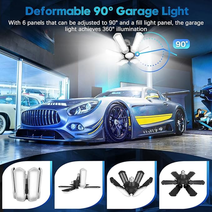 TANBABY Upgrade LED Garage Light, 150W Deformable Ceiling LED Shop Light, 15000LM E26/E27 Garage Lighting with 6+1 Adjustable Panels Bulb for Basement (1pack)