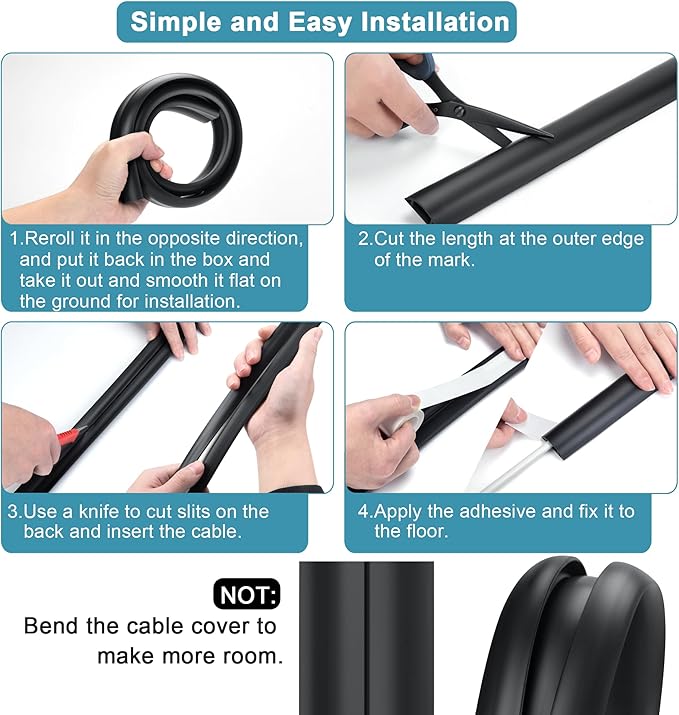 Floor Cable Cover 3ft White, LZEOY Cord Covers for Wires on Floor, Cord Hider Floor Cable Management, Extension Cord Floor Cover Low Profile, Floor Cord Cover for Office/Carpet/Floor