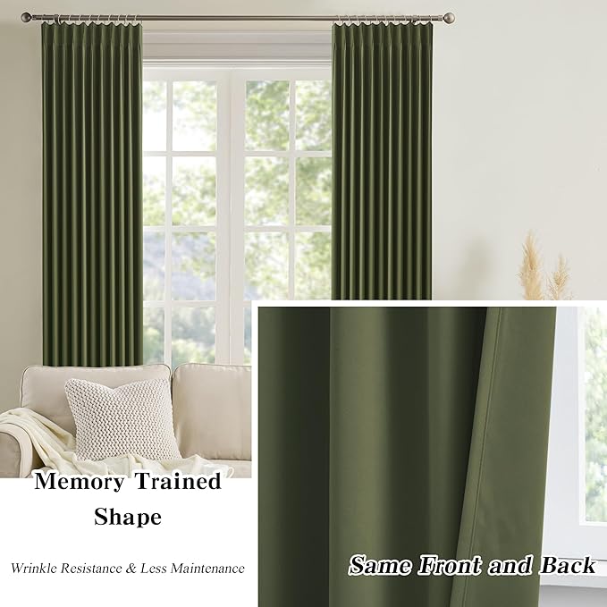 KEQIAOSUOCAI Dark Olive Pinch Pleated Curtains 72 Inches Long for Short Windows, Room Darkening Blackout Curtain Drapes for Bedroom 40 x 72 Inch -2 Panels