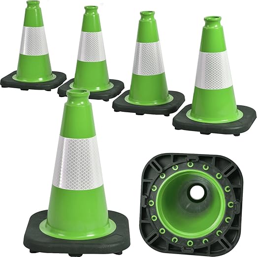 6 Pack 12" Inch Green PVC Traffic Cones with Heavy-Duty Base, High-Visibility All-Weather Safety Cones for Road Construction, Parking Lot, and Garage Use (6, Green, 12" Small)