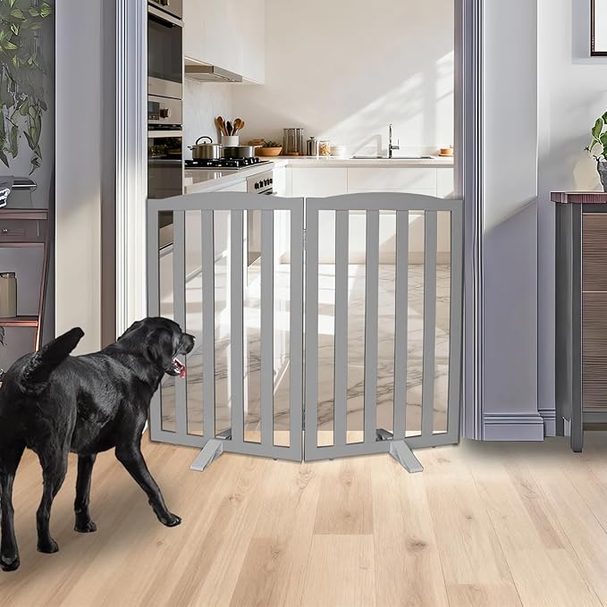 Freestanding Dog Gate Indoor,Doggie Gate Foldable Pet Gates for Doorways,Stairs or Hallways, Wooden Grey Pet Gate for The House, Pet Fence with Support Feet Included,32 "Height-2 Panels