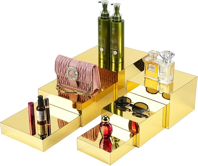 Gold Risers Display Stands, 6pcs Acrylic Display Stand, Purse Stand, Food Display Buffet Riser, Retail Mirror Squre Display Boxes for Perfume Collection Jewelry Party Centerpieces