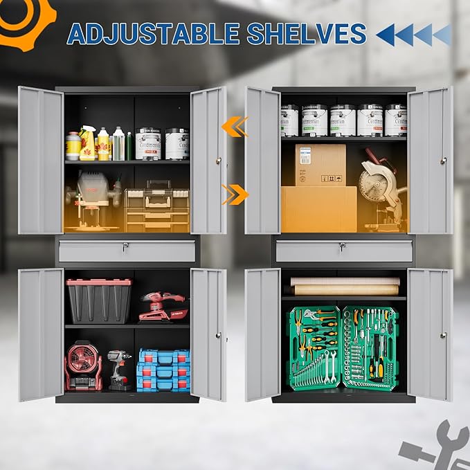 71" Metal Cabinet-Black&Gray Heavy Duty Storage File Cabinet Steel Tool Cabinets with Shelves, Lockable Doors and Drawers- for Garage, Pantry, Warehouse - Assembly Required