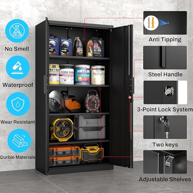 Metal Garage Storage Cabinet with Lock, 71" Tall Steel Storage Locker with 4 Adjustable Shelves, Heavy Duty Metal Cabinet for Garage, Office, Home, 31.5”W × 16.5”D, Black