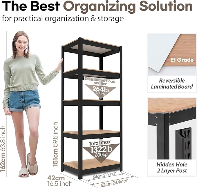 HOMEDANT House 5 Tier Laminated Metal Shelving Unit Adjustable Storage Utility Rack Heavy Duty Shelves Organization Multipurpose Shelf Kitchen Garage Pantry Closet (2, (S) 24.4" W, Black)