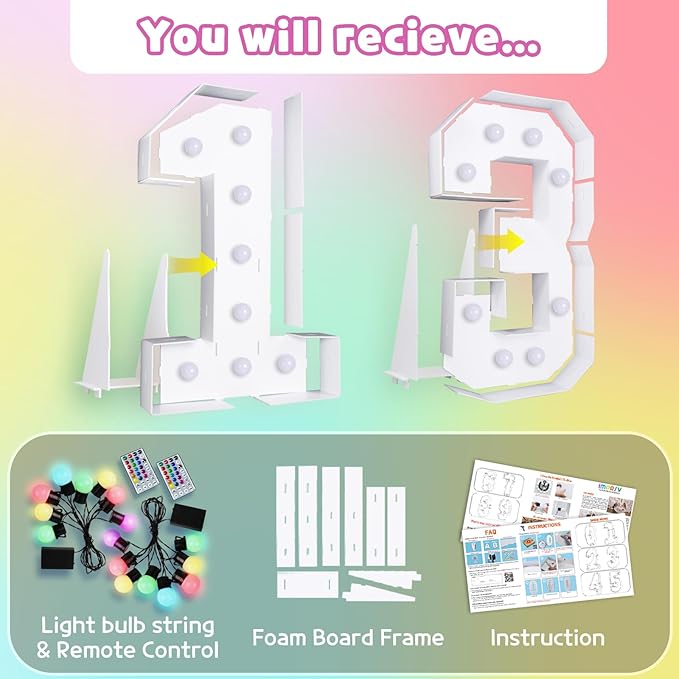 Marquee Numbers 13th Birthday Decoration: Colorful 3FT Large Light Up 13 Year Old Birthday Decorations Anniversary Backdrop Cardboard Sign 18 Colors Number 13 Mosaic Balloon Frame