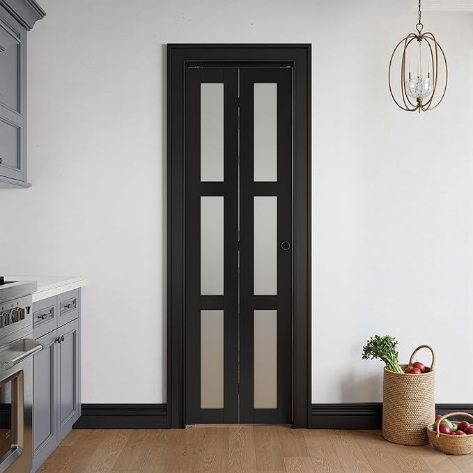 Bifold Doors for 28" x 80" Opening, 3-lite Tempered Frosted Glass Closet Folding Doors with Hardware kit Included, Easy Assembly, Black