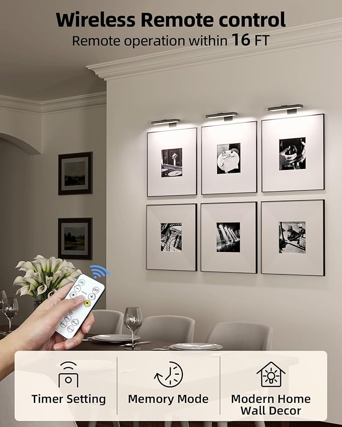 EZVALO Picture Light for Wall, Rechargeable 2400mAh Battery Lights Wireless Remote, 3 Color & Dimmable Magnetic 8'' LED Lights Display for Painting, Living Room, Gallery, Bedroom, Dashboard(Black-2P)