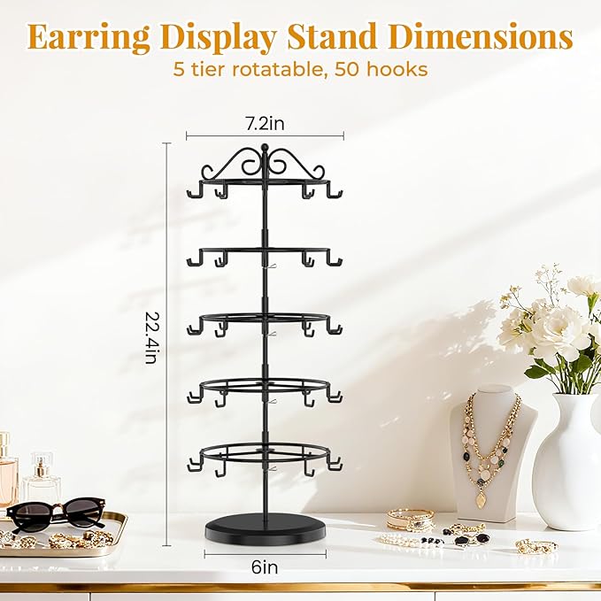 EsLuker.ly Earring Holder Organizer Rotating Display Tree Stand, Adjustable Height Earring Card Hanger Rack with 50 Hooks for Vendors Market Selling, 5 Tier Metal Jewelry Storage Tower, Black