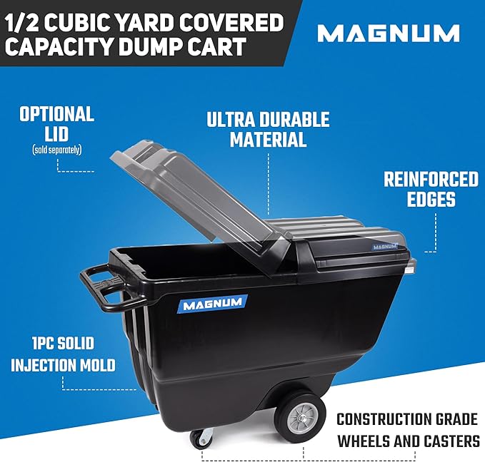 Tilt Truck, 1/2 Cu. Yd. Capacity Dump Cart with Heavy Duty 12” Wheels & 5” Casters for Handling, Transporting on Construction Jobsites, 750 lbs, Trash Cart with Wheels DUC12A