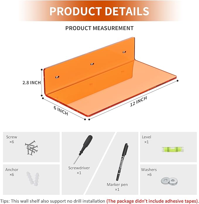 12 Inches Small Orange Wall Shelves Set of 2, Acrylic Floating Shelf for Bedroom, Living Room, Funko Pop Shelves, Smart Speaker, 2 Pack
