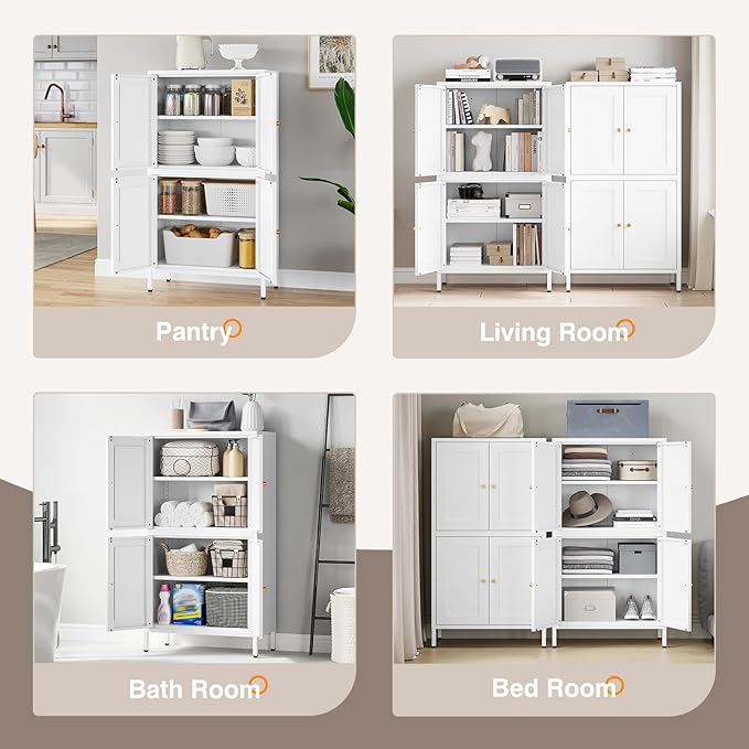 Yizosh Metal Pantry Cabinet,Tall Kitchen Pantry Storage Cabinet with 4 Doors and 2 Adjustable Shelves - 43" White Cupboard Cabinet for Kitchen,Living Room,Dining Room,Home