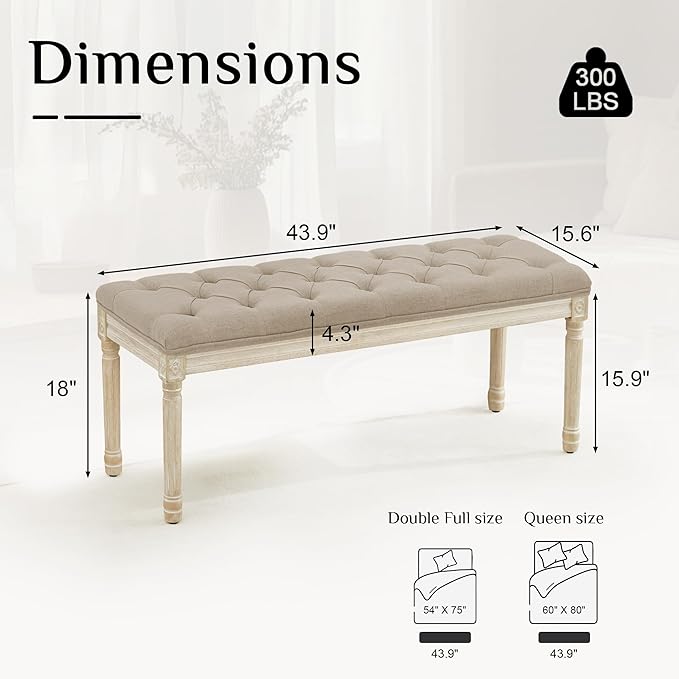 LOULENS 43.9" Linen Fabric End of Bed Bench, Vintage French Upholstered Button Tufted Entry Bench, Window Seat with Carved Wood Legs for Bedroom, Living Room, Entryway, Foyer, Hallway, Light Brown