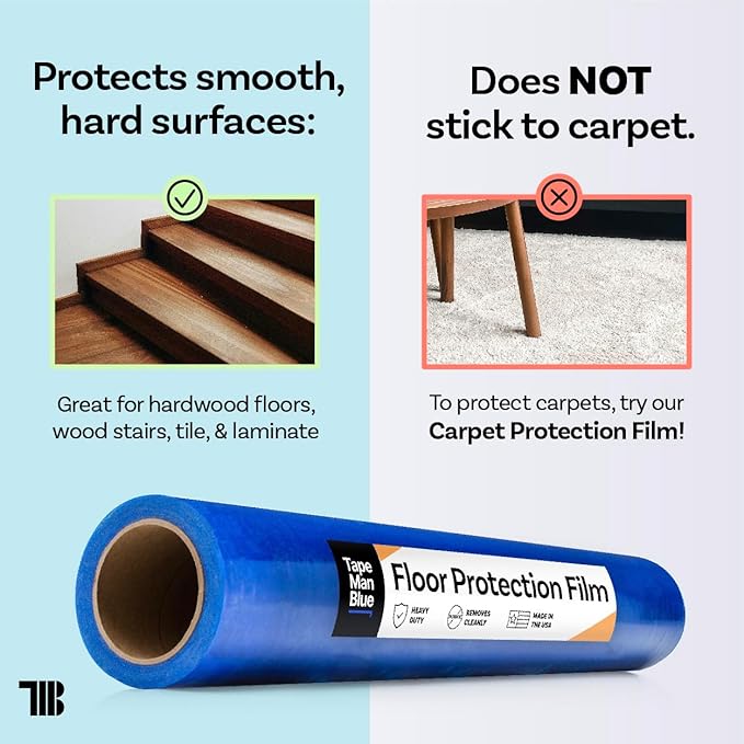 Floor Protection Film, 48 inch x 500' roll, Made in USA, Blue Self Adhesive Floor Protector for Moving and Construction, Temporary Covering for Protection of Hardwood, Tile, Hard Surfaces