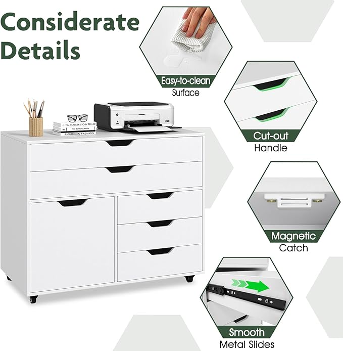 File Cabinet, White Filing Cabinet w/Universal Wheels, Wood Printer Stand w/Storage, Rolling File Cabinets for Home Office, Living Dining Room (White, 2 Large Drawers & 3 Small Drawers)