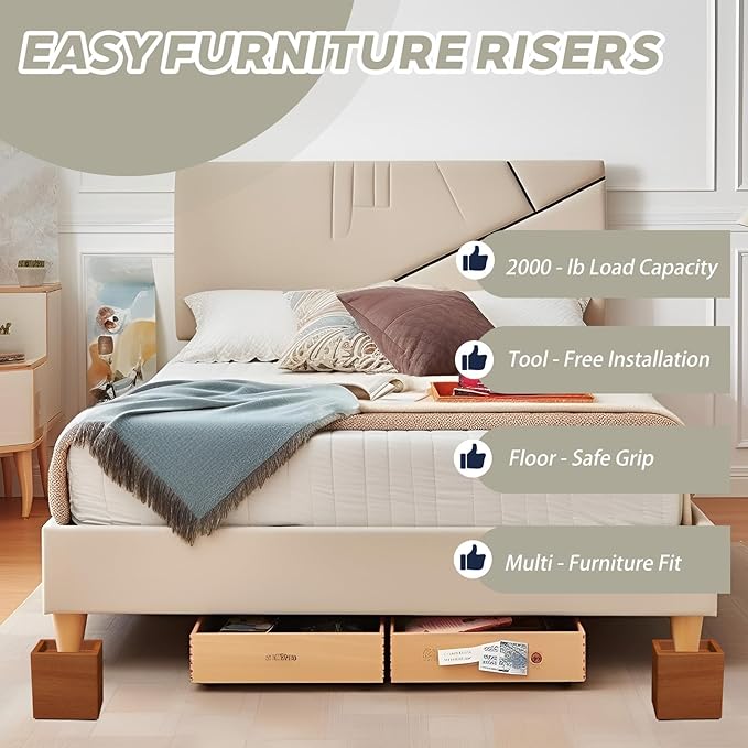4-Inch Solid Pine Furniture Risers – 2000LBS Capacity, Tool-Free Install, Natural Wood Design for Beds, Sofas & Desks (4 Inch)