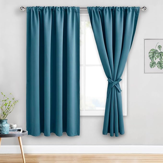 JIUZHEN Blackout Curtains for Bedroom - Thermal Insulated Room Darkening Noise Reducing, 52 x 63 Inch Length Curtains for Living Room, Set of 2 Panels with Tiebacks, Stone Blue