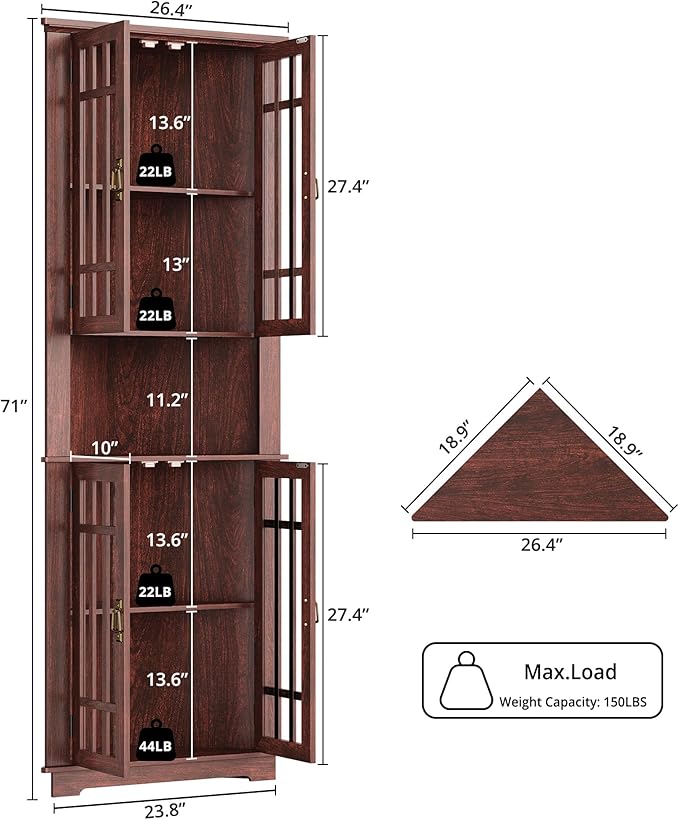 IRONCK Corner Cabinet, 71" H Tall Corner Storage Cabinet with 4 Glass Doors and 5 Shelves, Home Space Saver for Bathroom, Living Room, Mid Century Design, Red Walnut