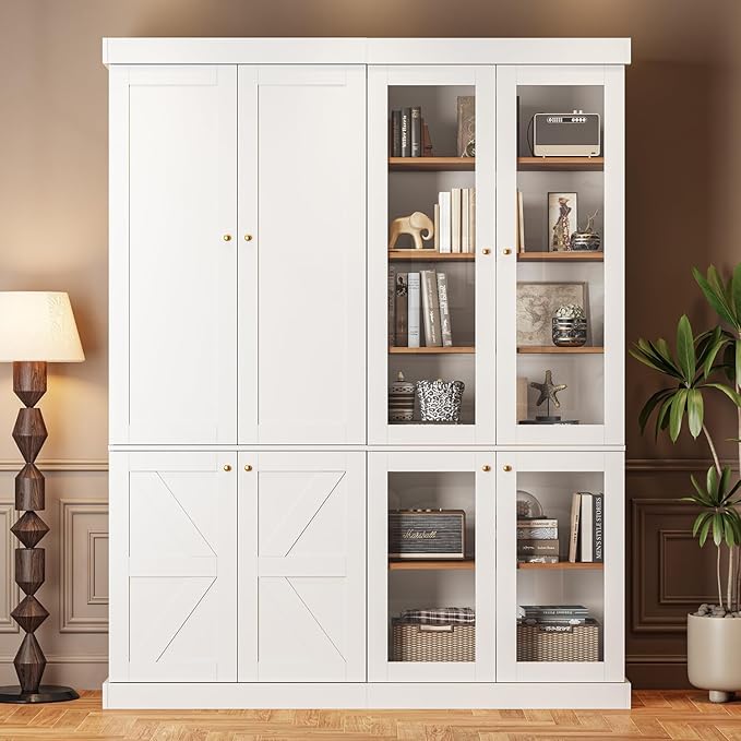 70.8" Tall Farmhouse Kitchen Pantry Cabinet with Glass Doors, Modular Wooden Storage Cabinet with 6-Tier Adjustable Shelves, Hutch for Kitchen or Living Room, White, Set of 2