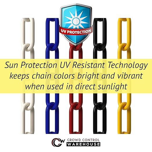 Montour Line Plastic Stanchion Yellow 2.5 Inch Diameter with 50 Foot Chain, 6-Pack, Crowd Control Barriers